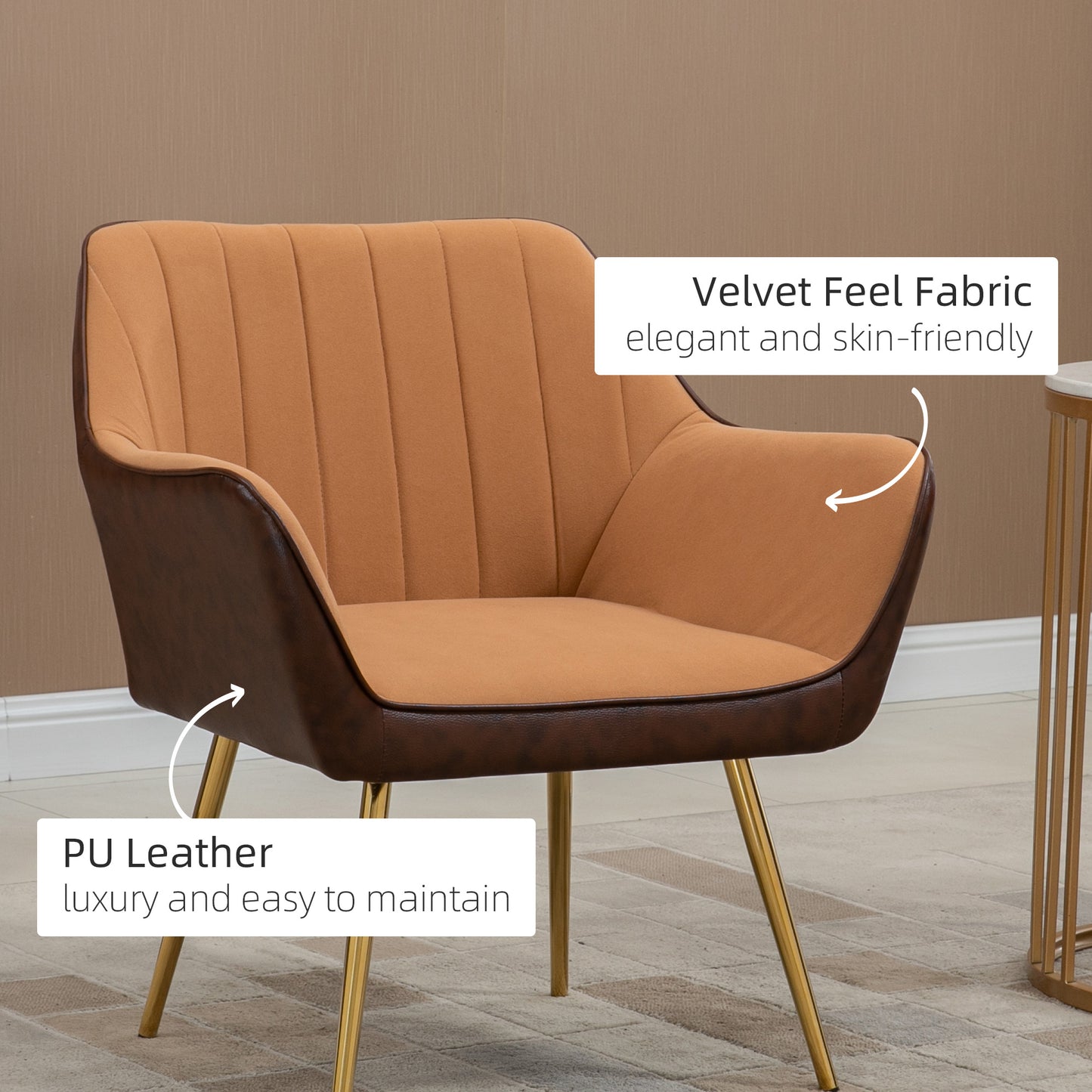 Retro Style Velvet Armchairs, Upholstered Accent Chairs with Golden Steel Legs, Modern Vanity Chairs For Living Room, Bedroom, Set of 2, Light Brown