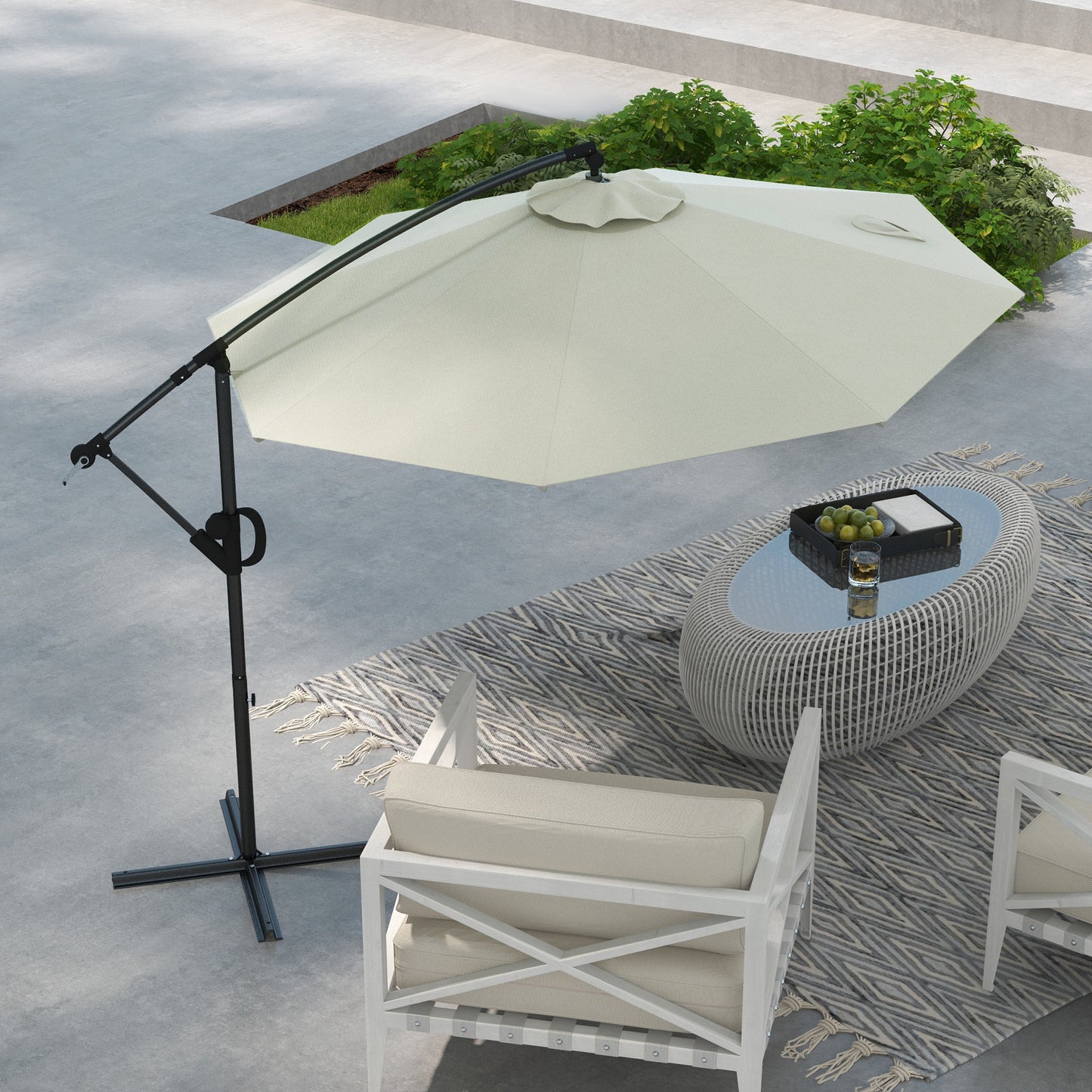 Outsunny 3(m) Cantilever Banana Parasol With Cross Base & Crank Handle, Tilt And 8 Ribs, Round Hanging Patio Umbrella For Outdoors - Cream