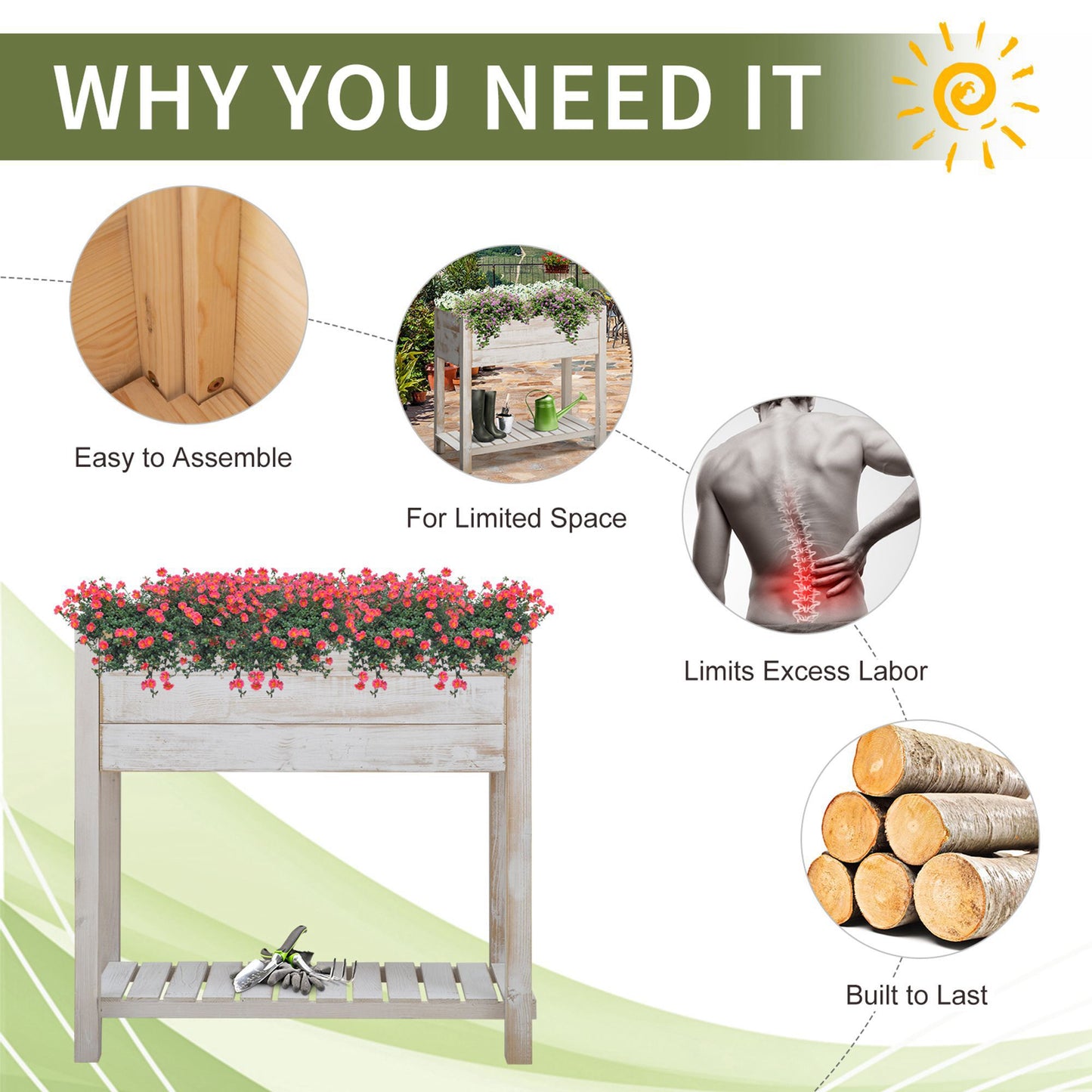 Outsunny Garden Wooden Planter Raised Garden Bed Elevated Grow Box with 2 tiers, 4 Pockets for Vegetable Flower Herb Gardening Backyard Patio, White