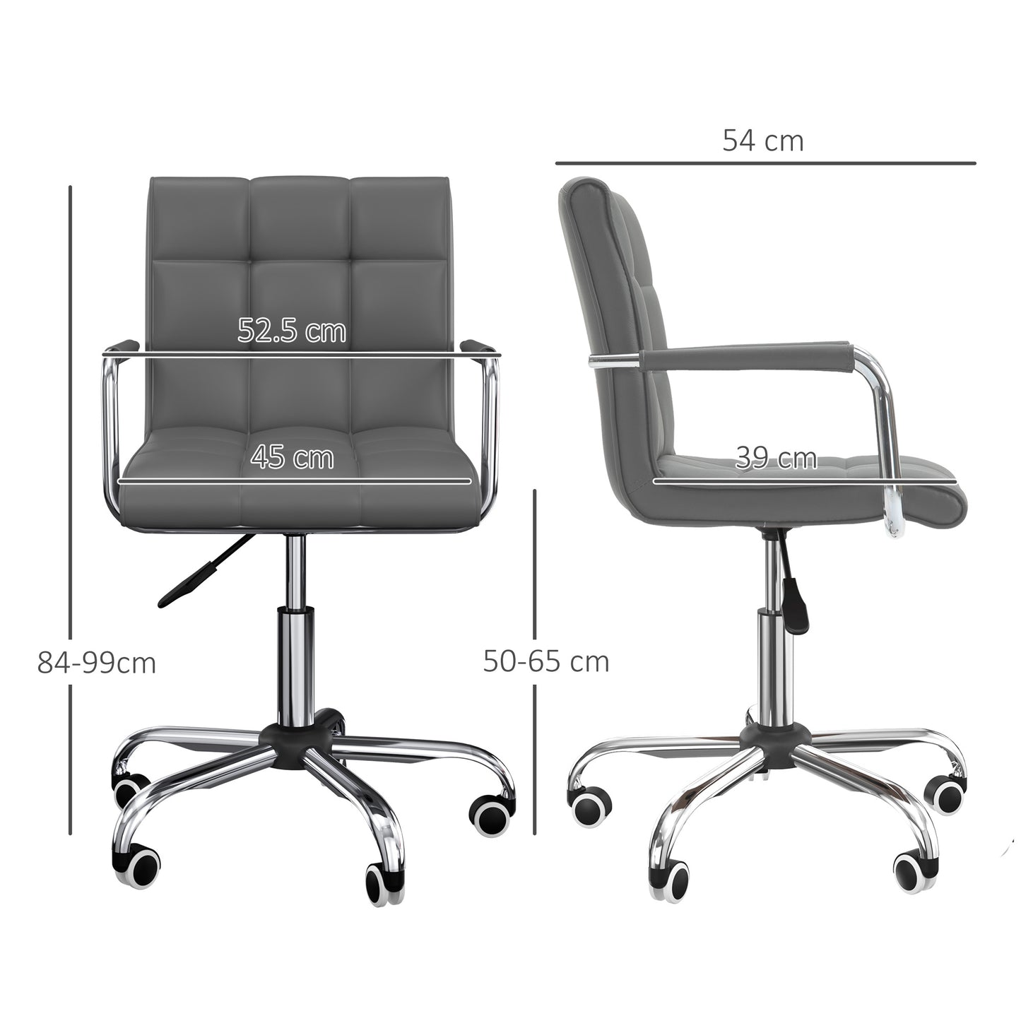Mid Back PU Leather Home Office Chair | Fixed Armrests | 360° Swivel | 5 Wheels | Height Adjustable 84-99cm | 45x39cm Seat | 120kg | Grey