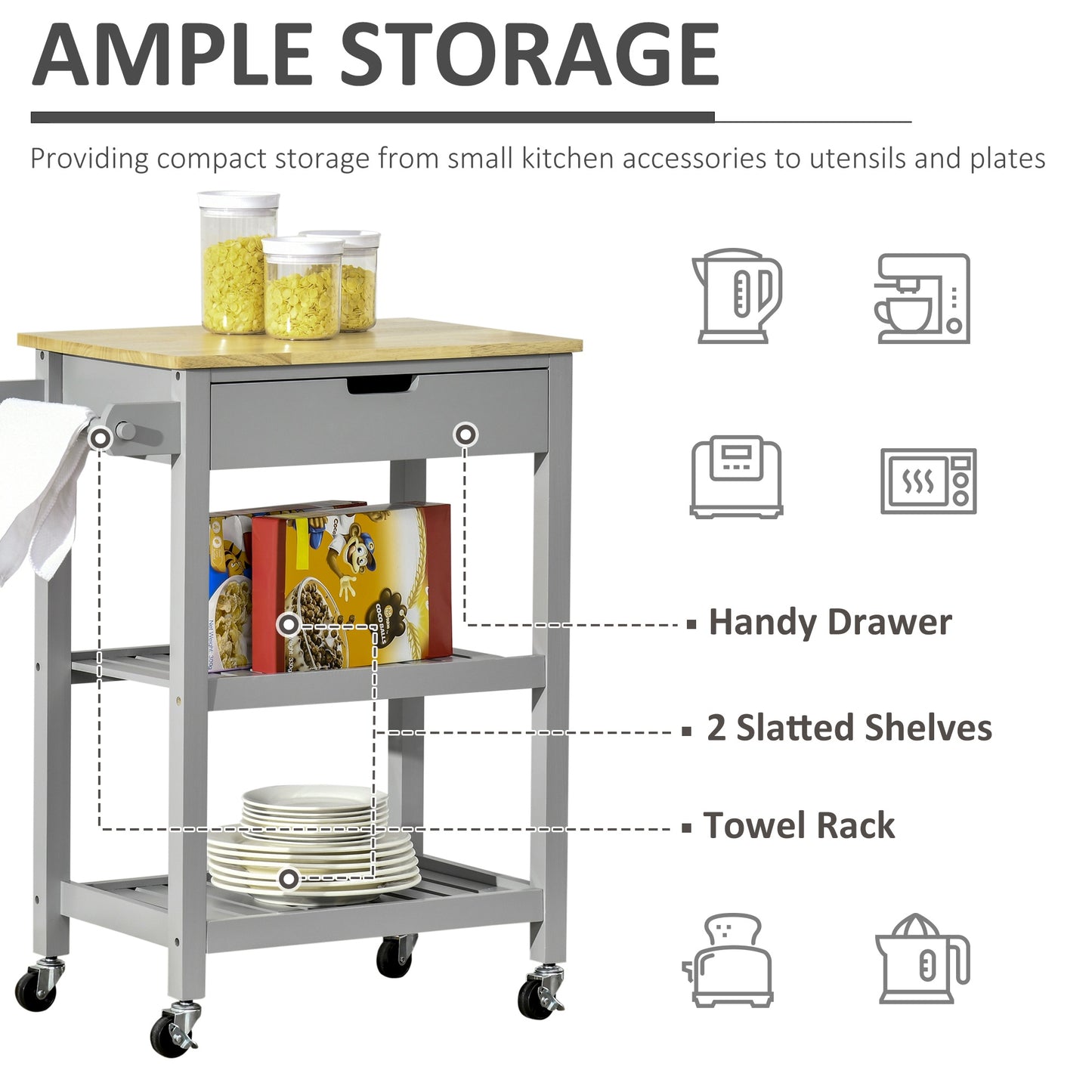 Kitchen Trolley Utility Cart on Wheels with Rubberwood Worktop, Towel Rack, Storage Shelves & Drawer for Dining Room, Grey