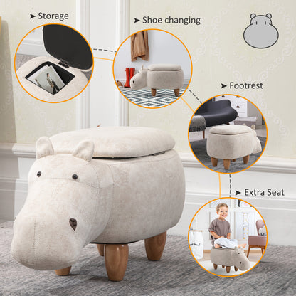 Hippo Storage Stool Cute Decoration Footrest Wood Frame Legs with Padding Lid Ottoman Animal Furniture Cream 36 x 65cm