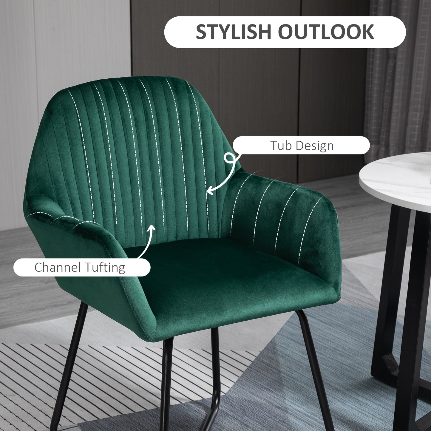 Modern Accent Chair, Velvet-Feel Fabric Upholstered Armchair with Metal Base for Living Room, Set of 2, Green