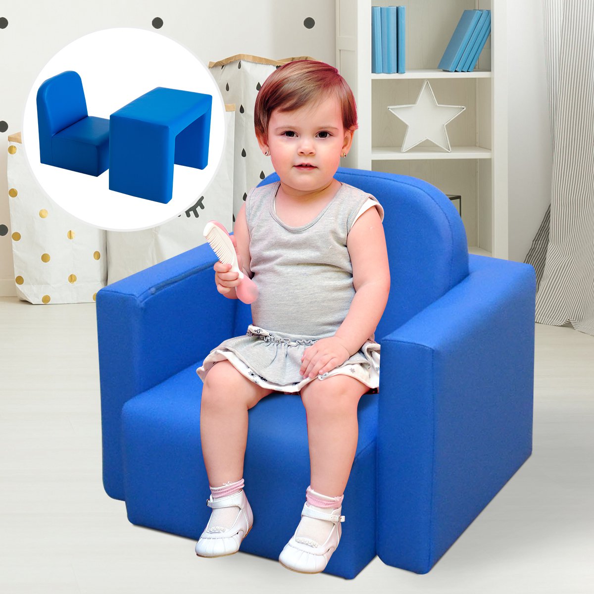 Kids Mini Sofa 3 in 1 Table Chair Set Children Armchair Seat Relax Game Playroom Seater Girl Boys Blue