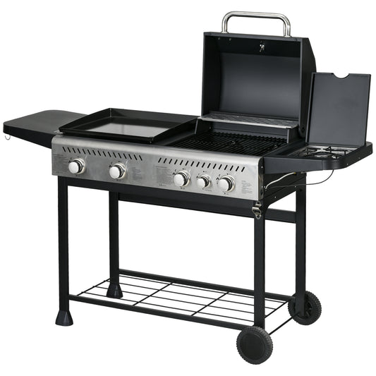 Outsunny 15 kW Gas BBQ Grill and Plancha with Side Burner, Black