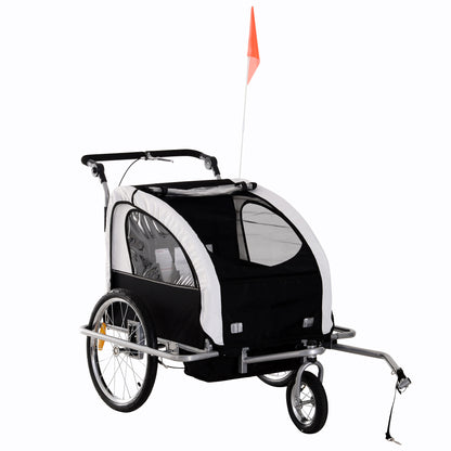 Bike Trailer 2-Seater for Bicycle Baby Child Multifunctional Carrier in Steel Frame (Black and White)