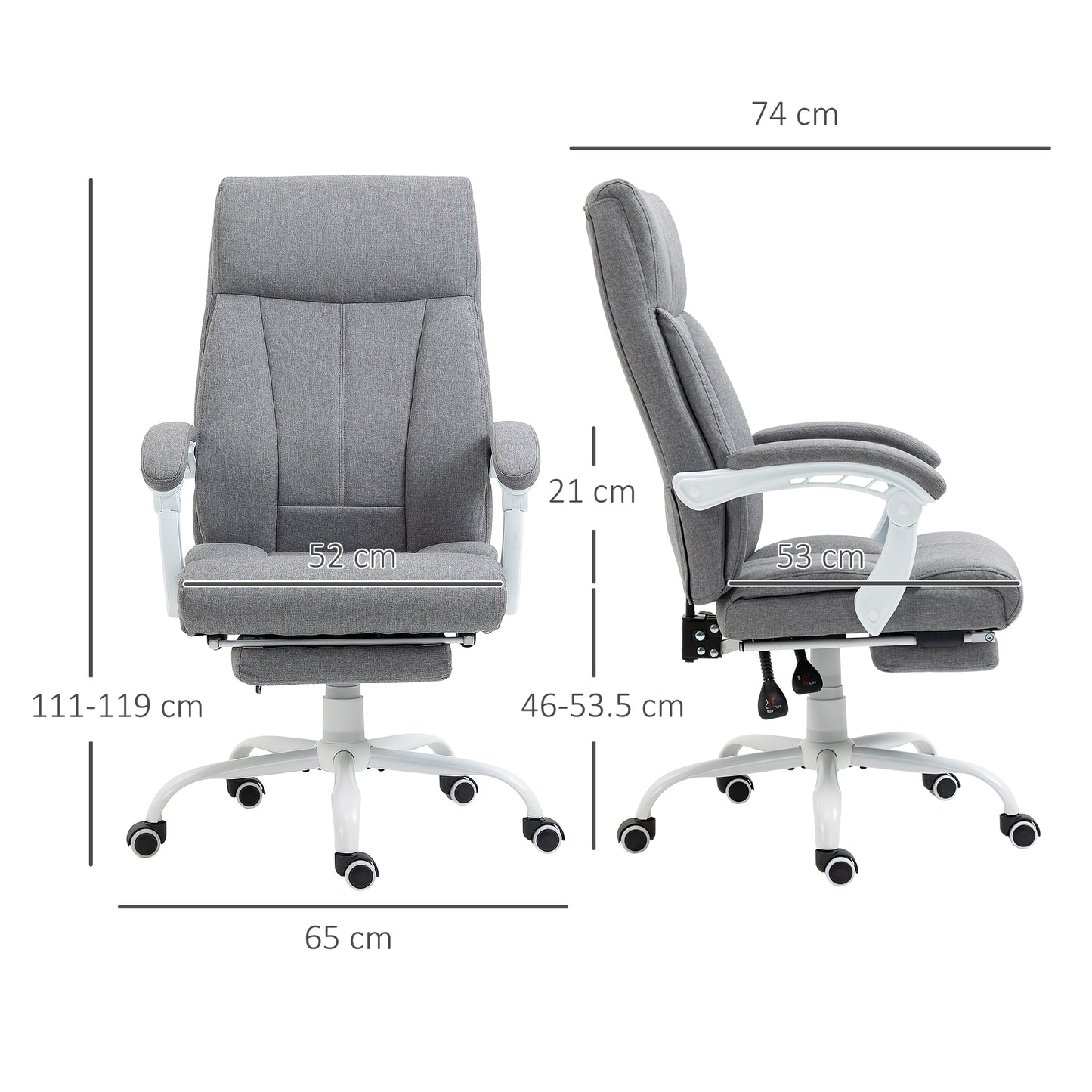 Vinsetto Executive Office Chair, Fabric Reclining Desk Chair with Foot Rest, Arm, Swivel Wheels, Adjustable Height, Grey