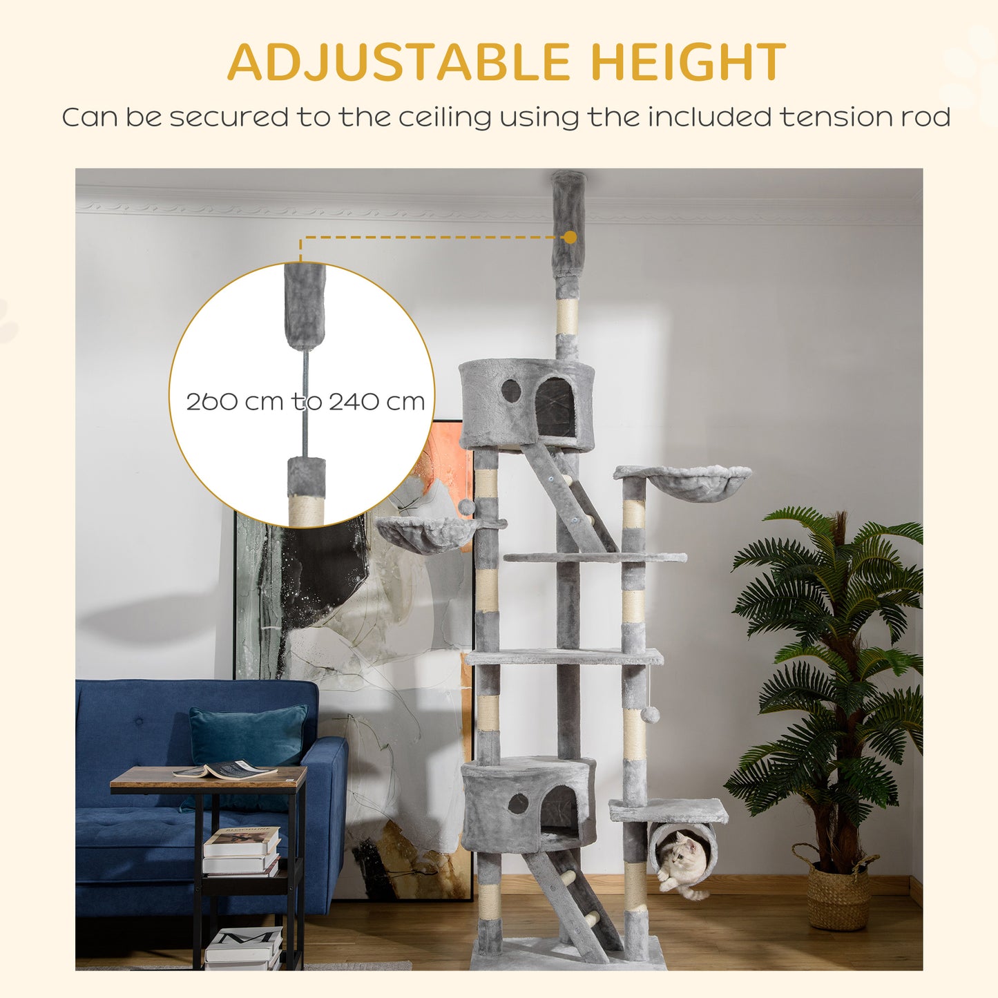 PawHut Floor to Ceiling Cat Tree for Indoor Cats 240-260cm Adjustable Height Light Grey