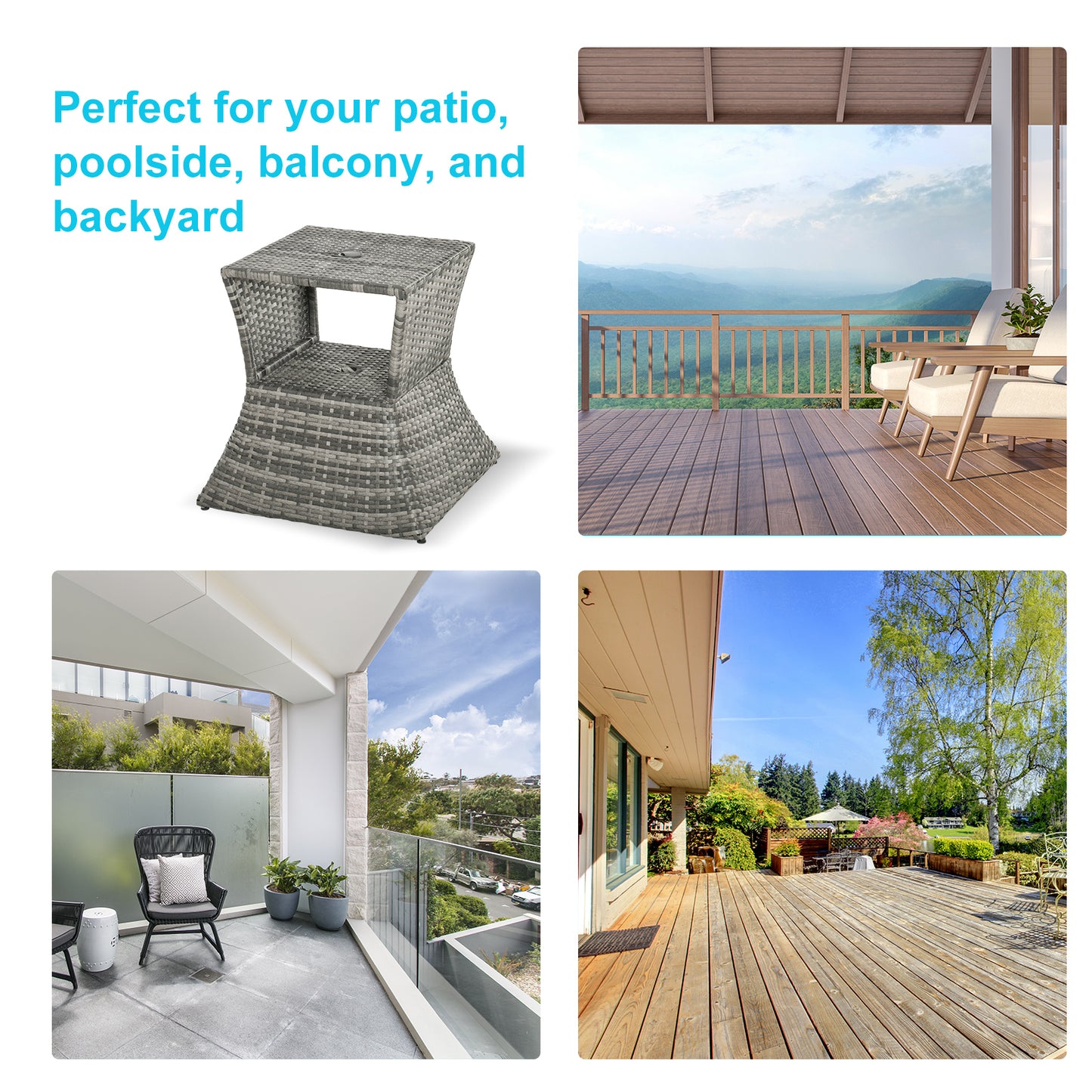 Outsunny Outdoor Patio Rattan Wicker Coffee Table Bistro Side Table w/ Umbrella Hole and Storage Space, Grey