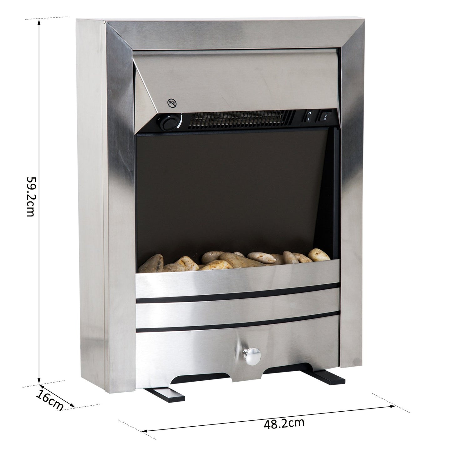 2KW Electric Fireplace Pebble Burning Effect Heater Fire Flame Indoor Stove LED Lighting - Stainless Steel