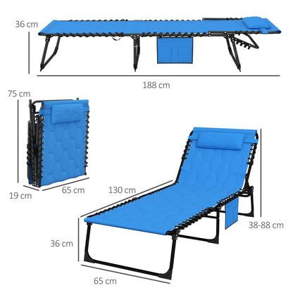 Outsunny Foldable Sun Lounger With 5 Level Reclining Back Outdoor Tanning Chair With Side Pocket, Headrest - Blue