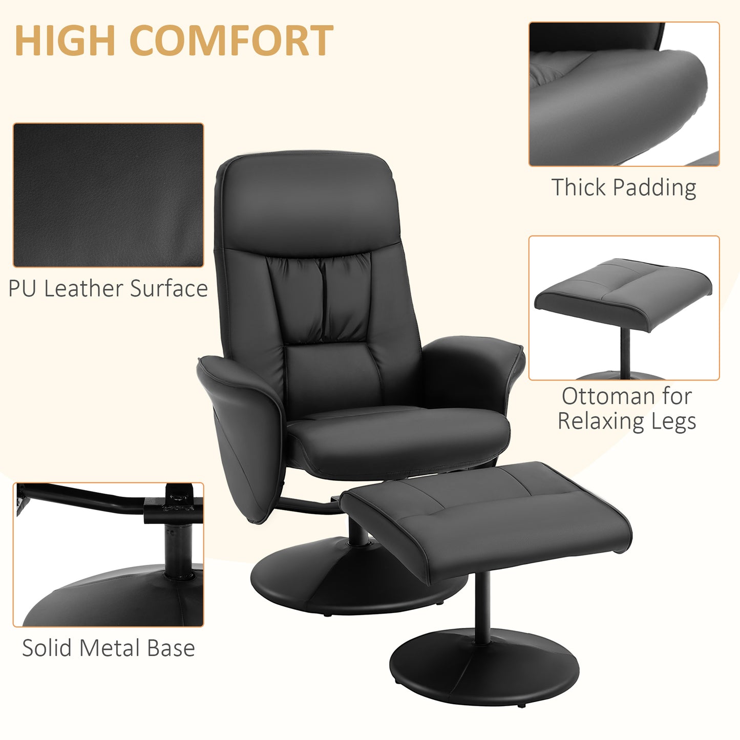 Luxury Executive Recliner Chair High Back and Footstool Armchair Lounge Seat Black
