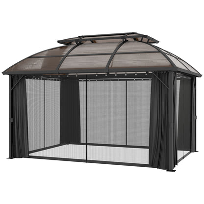 Outsunny Aluminium Frame 4 x 3(m) Polycarbonate Gazebo with Curtains, Nettings, Double Roof for Lawn, Yard, Patio, Deck, Brown