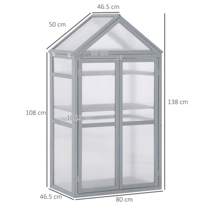 Outsunny 3-Tier Wooden Cold Frame Greenhouse Garden Polycarbonate Grow House w/ Adjustable Shelves, Double Doors, 80 x 47 x 138cm, Grey