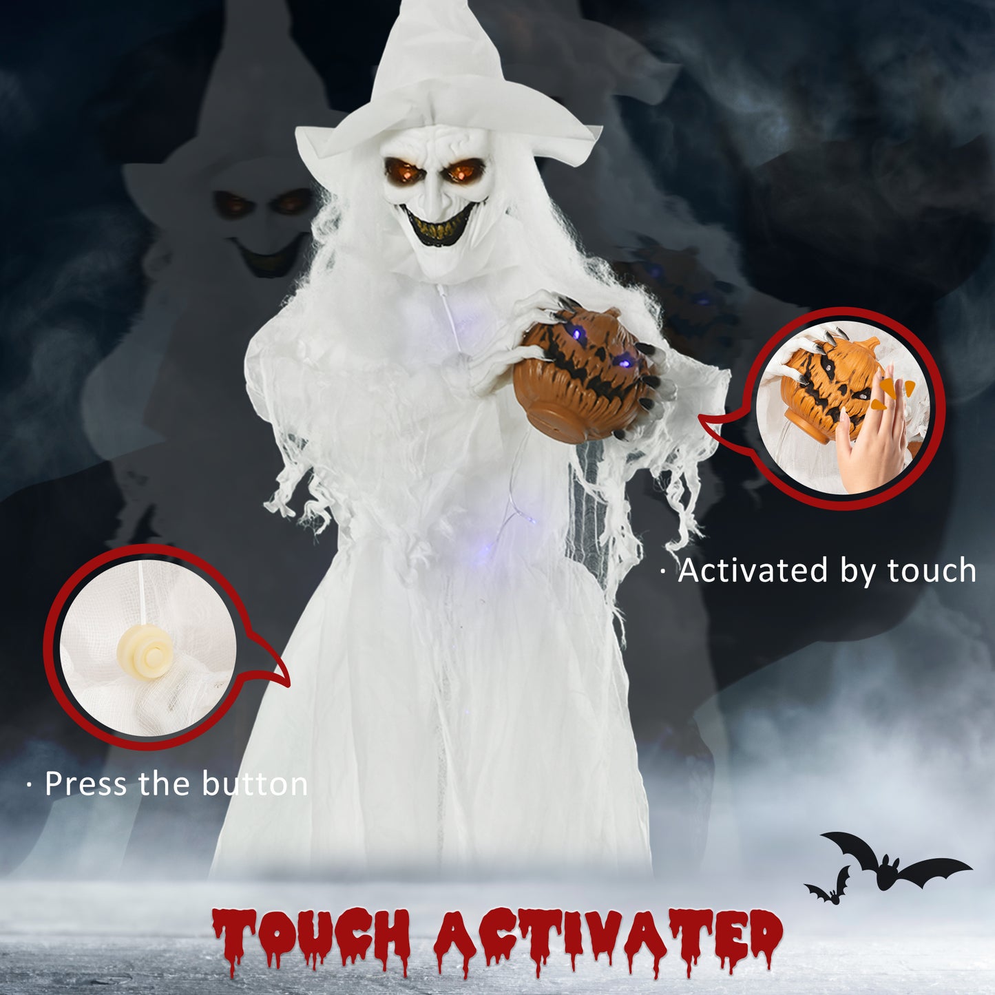 72 Inch Halloween Decorations White Witch Holding Pumpkin Head, Standing Skeleton Ghost Prop Life Size, Motion Activated Light Up Eyes Body