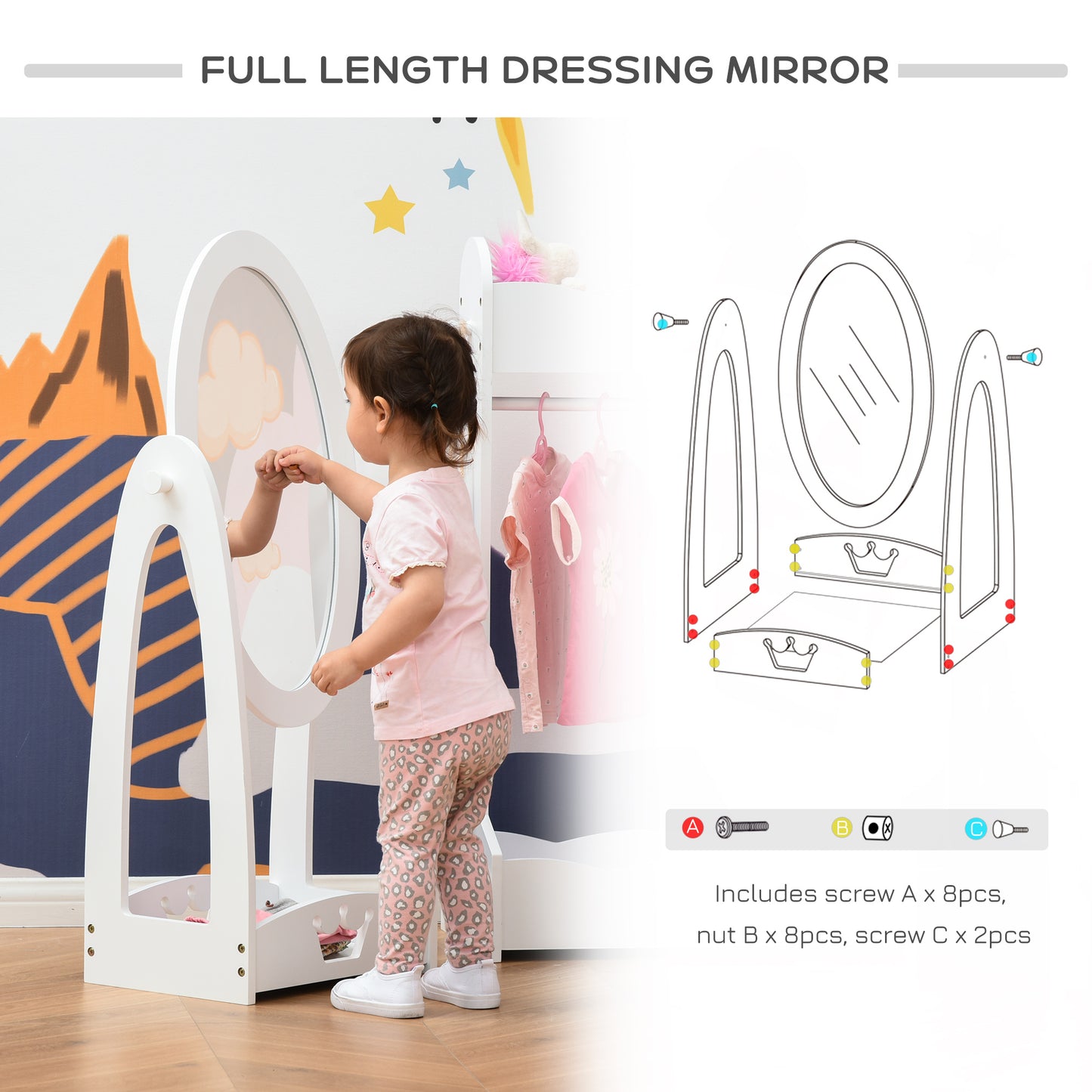 Kids Clothes Rail and Mirror Set 360° Rotation Free Standing Full Length Mirror and Hanging Rack with Storage Shelves Dressing Mirror White