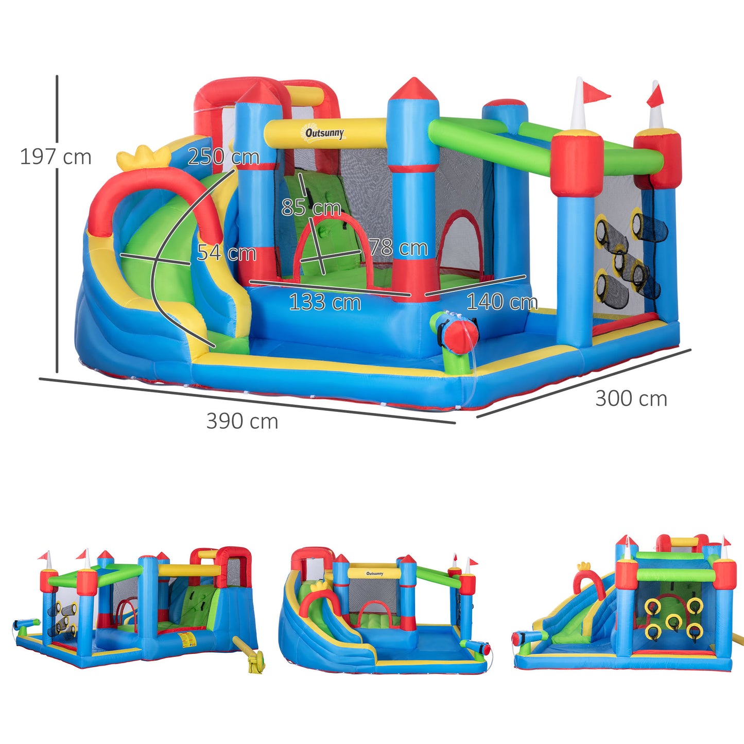 Outsunny 5 in 1 Kids Bounce Castle Large Castle Style Inflatable House Slide Trampoline Pool Water Gun Climbing Wall for Kids Age 3-8