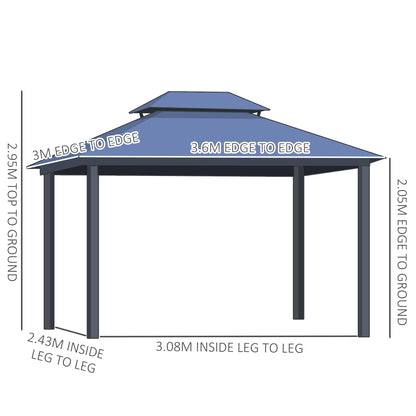 Outsunny 3.6 x 3(m) Polycarbonate Hardtop Gazebo Canopy with Double-Tier Roof and Aluminium Frame, Garden Pavilion with Mosquito Netting and Curtains