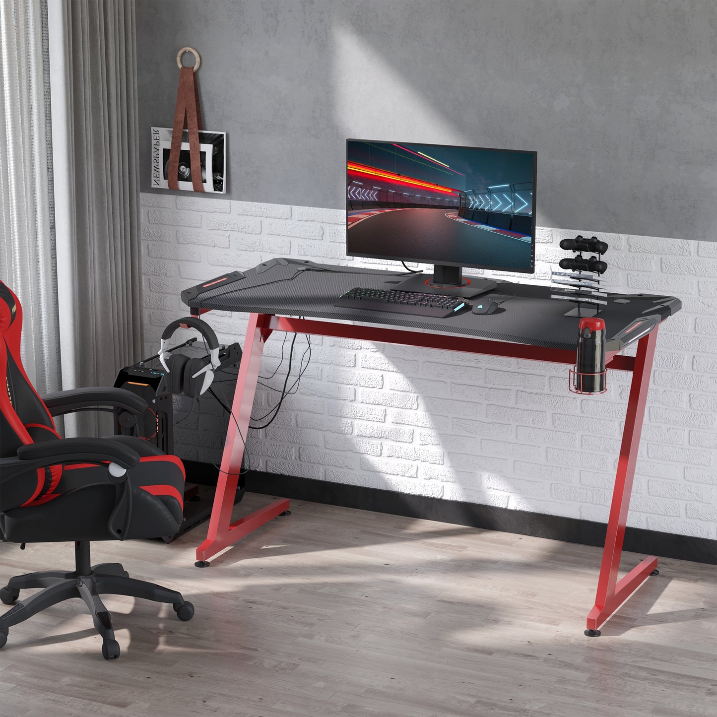 Gaming Desk, Ergonomic Home Office Desk, Gamer Workstation Racing Table, with Headphone Hook and Cup Holder, 142 x 66 x 96cm, Black and Red