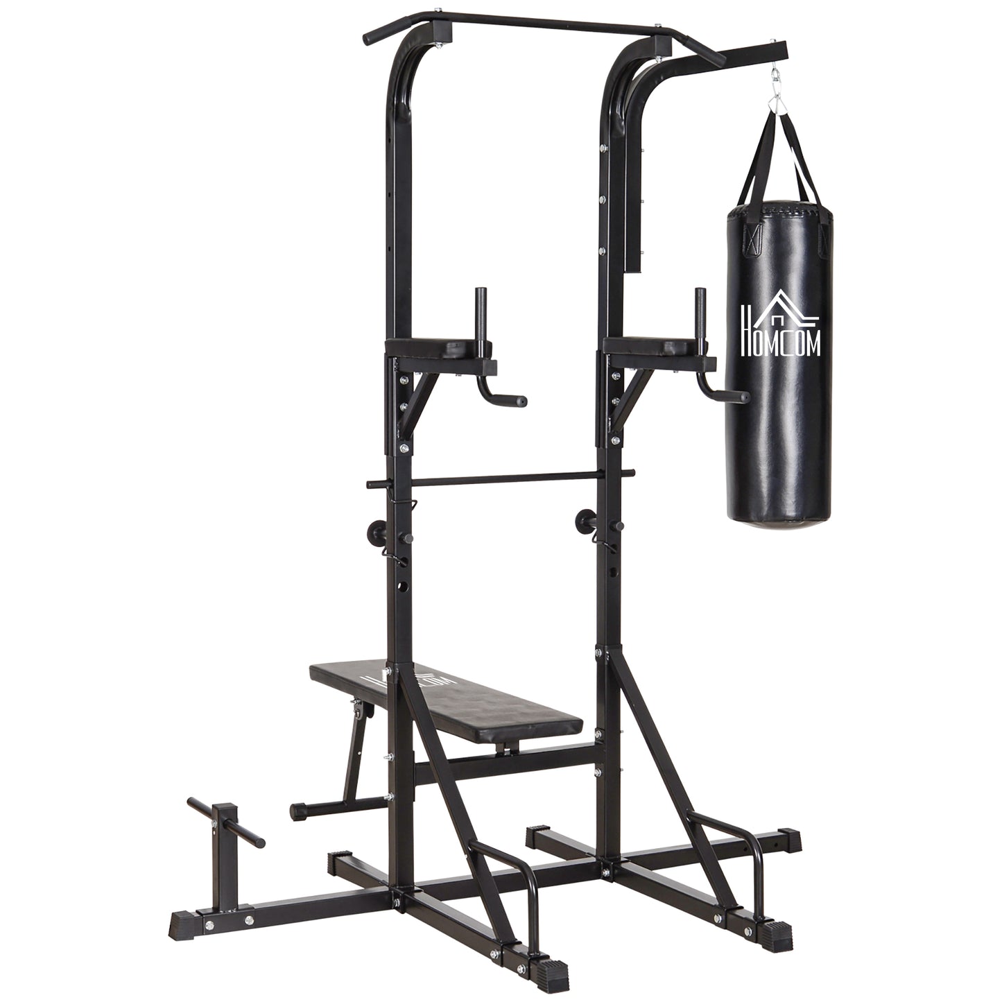 Home Gym Power Tower with Bench and Punching Bag, Multi-Function Adjustable Dip Sit Up Workout Station Equipment Heavy Duty for Home