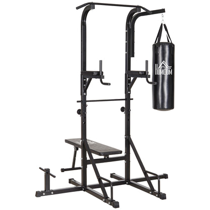 Home Gym Power Tower with Bench and Punching Bag, Multi-Function Adjustable Dip Sit Up Workout Station Equipment Heavy Duty for Home