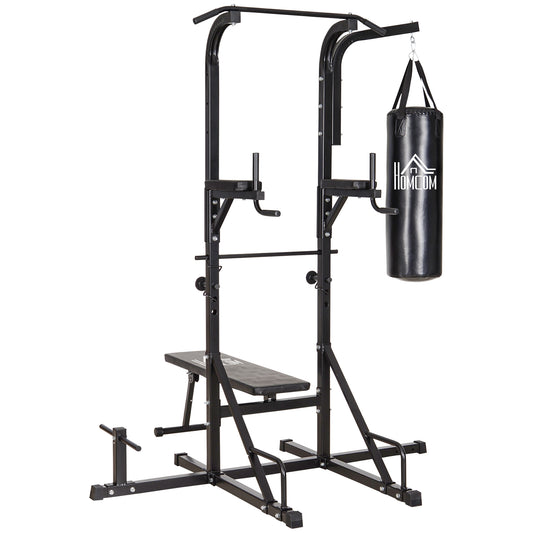 Home Gym Power Tower with Bench and Punching Bag, Multi-Function Adjustable Dip Sit Up Workout Station Equipment Heavy Duty for Home