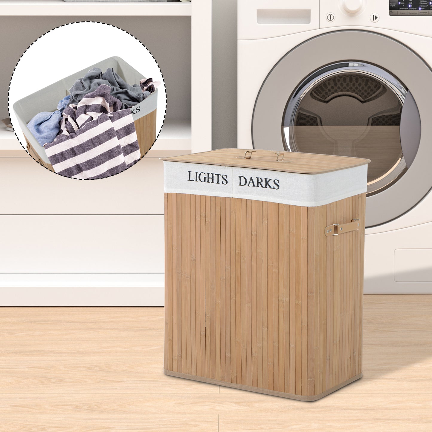 Collapsible Natural Wood Laundry Hamper Organizer Clothes Washing Basket Bin Storage Box w/Lid Removable Lining 52x32x63cm, Wood Colour 100L