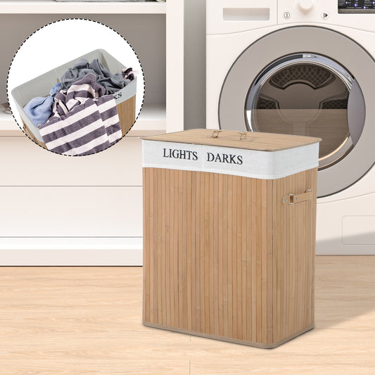 Collapsible Natural Wood Laundry Hamper Organizer Clothes Washing Basket Bin Storage Box w/Lid Removable Lining 52x32x63cm, Wood Colour 100L