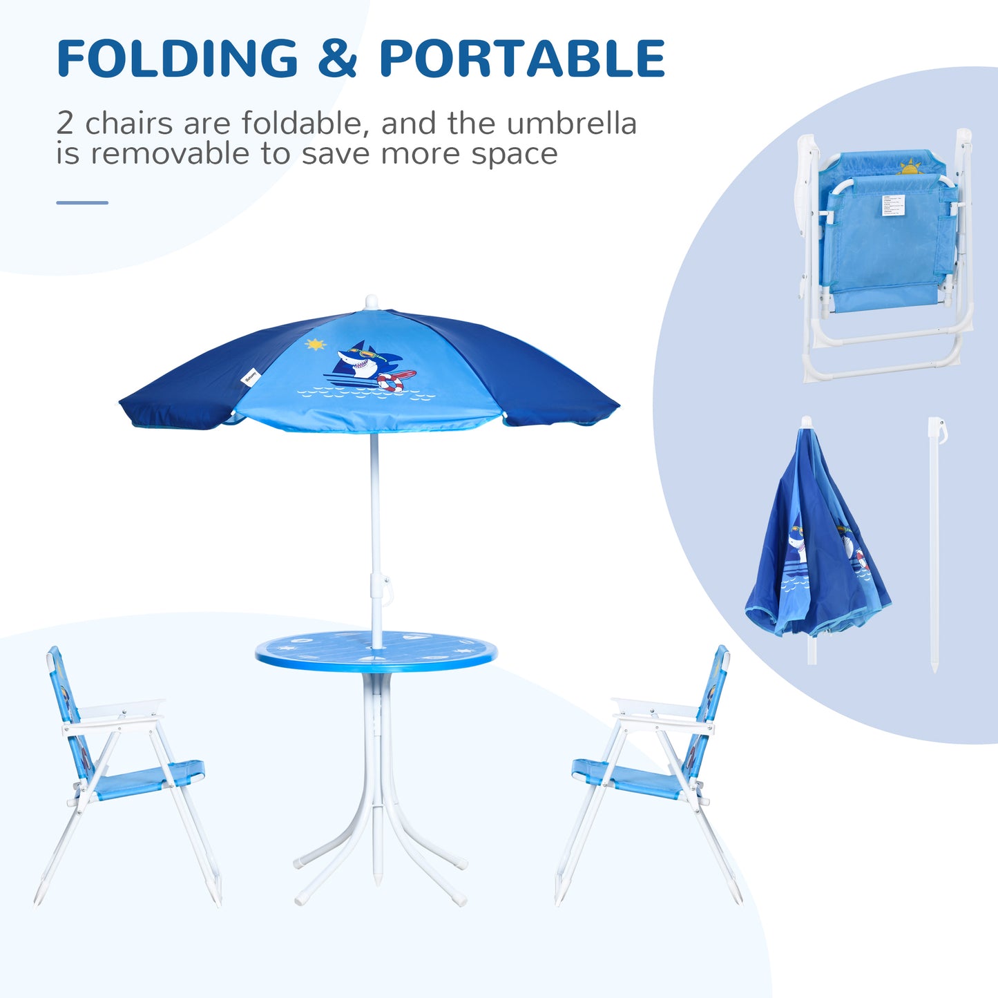 Outsunny Kids Picnic & Table Chair set, Outdoor Folding Garden Furniture w/ Shark Design, Removable, Adjustable Sun Umbrella, Ages 3-6 Years - Blue