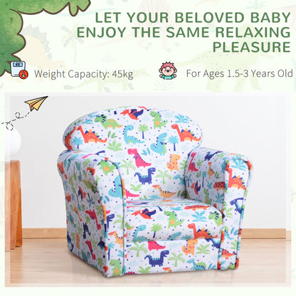 Children's Armchair Kids Sofa Tub Chair Seat Cartoon Dinosaur Pattern Bedroom Flannel Wooden Frame Non-slip Playroom Seater