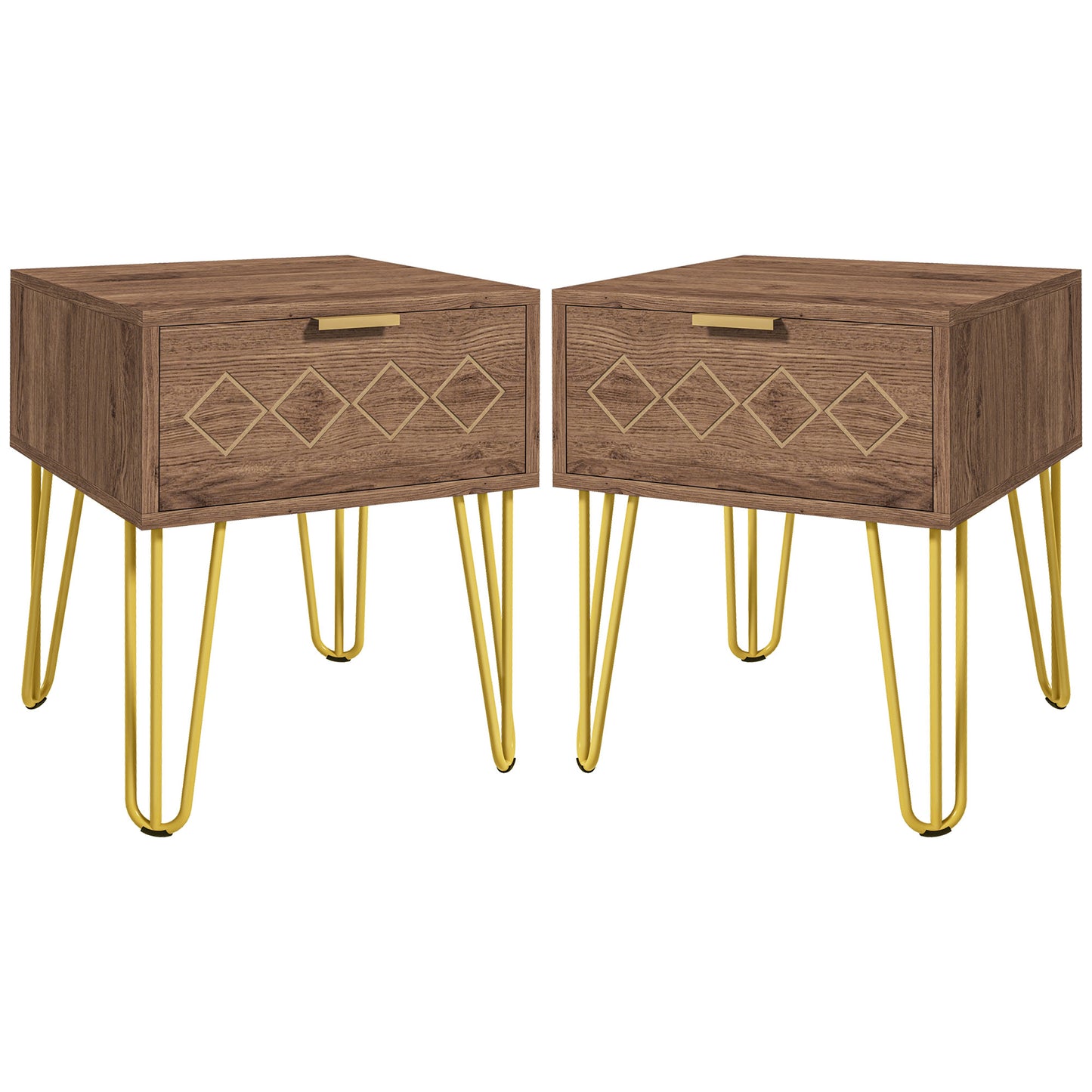 Bedside Table Set of 2 with Drawer, Wooden Nightstand, Modern Sofa Side Table with Gold Tone Metal Legs for Bedroom