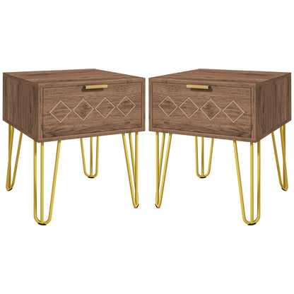 Bedside Table Set of 2 with Drawer, Wooden Nightstand, Modern Sofa Side Table with Gold Tone Metal Legs for Bedroom