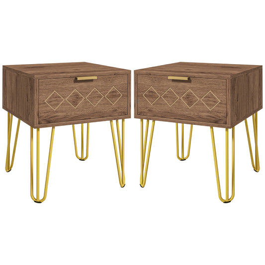 Bedside Table Set of 2 with Drawer, Wooden Nightstand, Modern Sofa Side Table with Gold Tone Metal Legs for Bedroom
