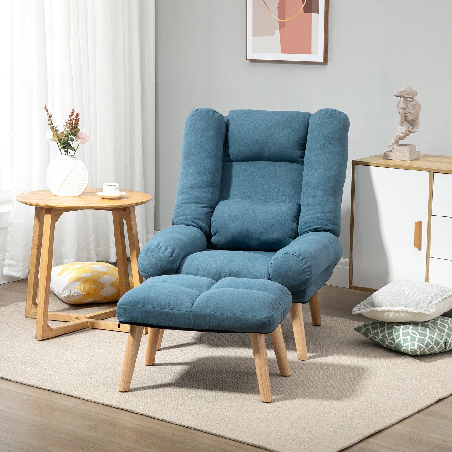 Occasional Recliner with Ottoman, 3-Position Adjustable Linen Fabric Reclining Lounger, Lazy Cushioned Sofa Chair with Footstool, Blue