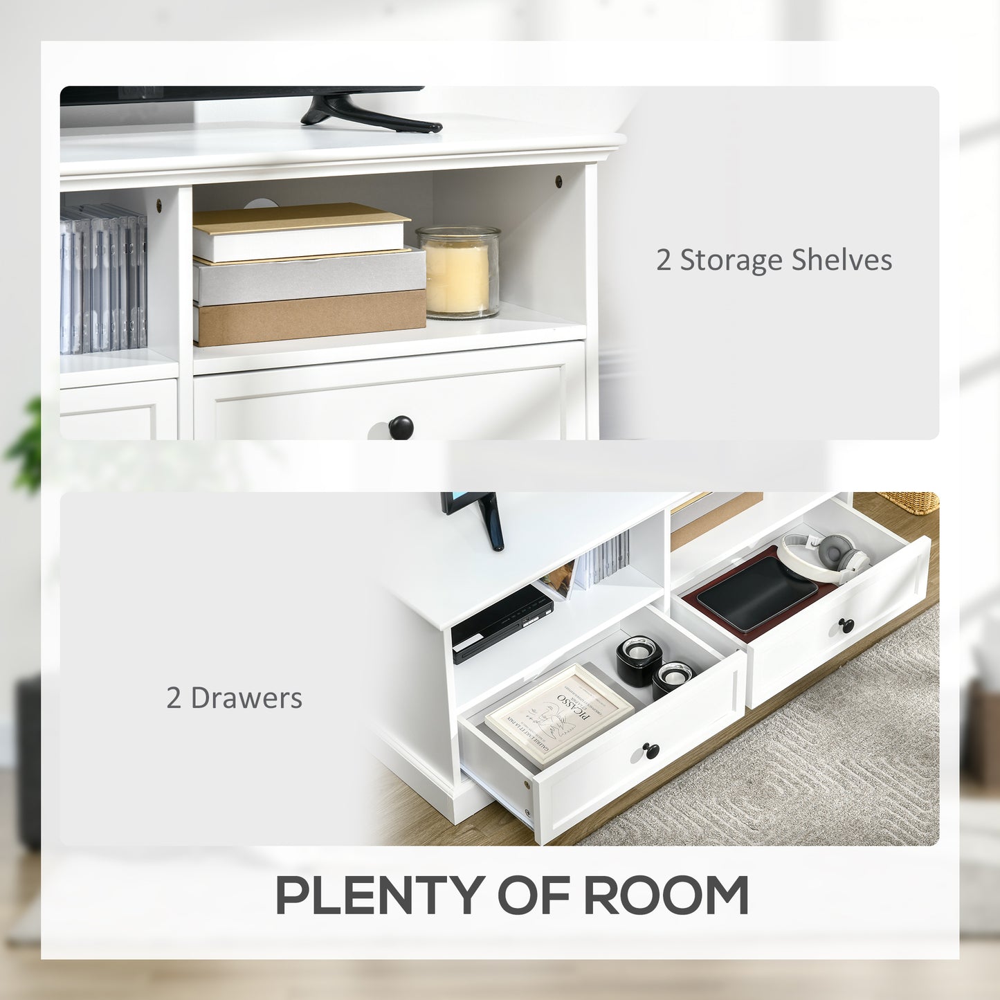 Modern TV Unit Cabinet for TVs up to 45 Inches, TV Stand with Drawers, Open Shelves, Cable Holes for Living Room, White