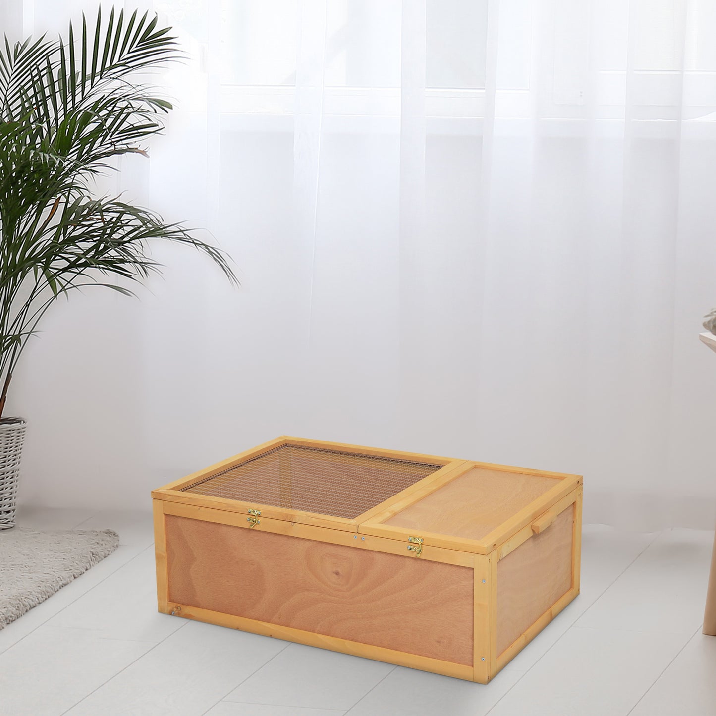 PawHut 94 cm Wooden Tortoise House Turtle Terrarium/ Small Reptile Enclosure with Two Room Design, Natural