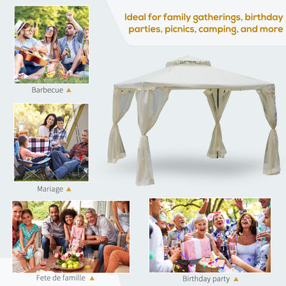 Outsunny 3 x 3 Meter Metal Gazebo Garden Outdoor 2-tier Roof Marquee Party Tent Canopy Pavillion Patio Shelter with Netting - Cream White