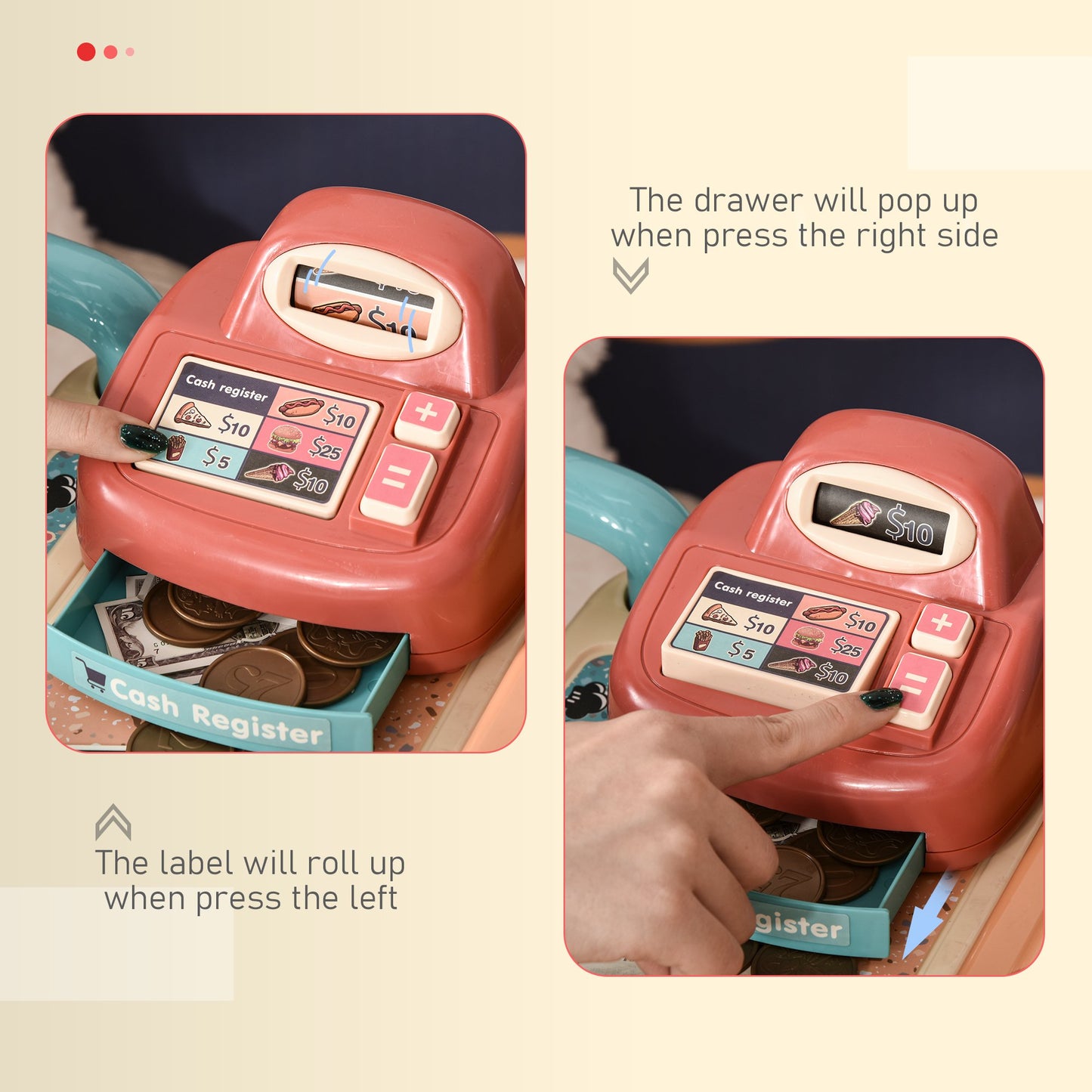 50 Pcs Kids Kitchen Play set Fast Food Trolley Cart Pretend Playset Toys with Play Food Money Cash Register Accessories Gift for Kids Age 3-6