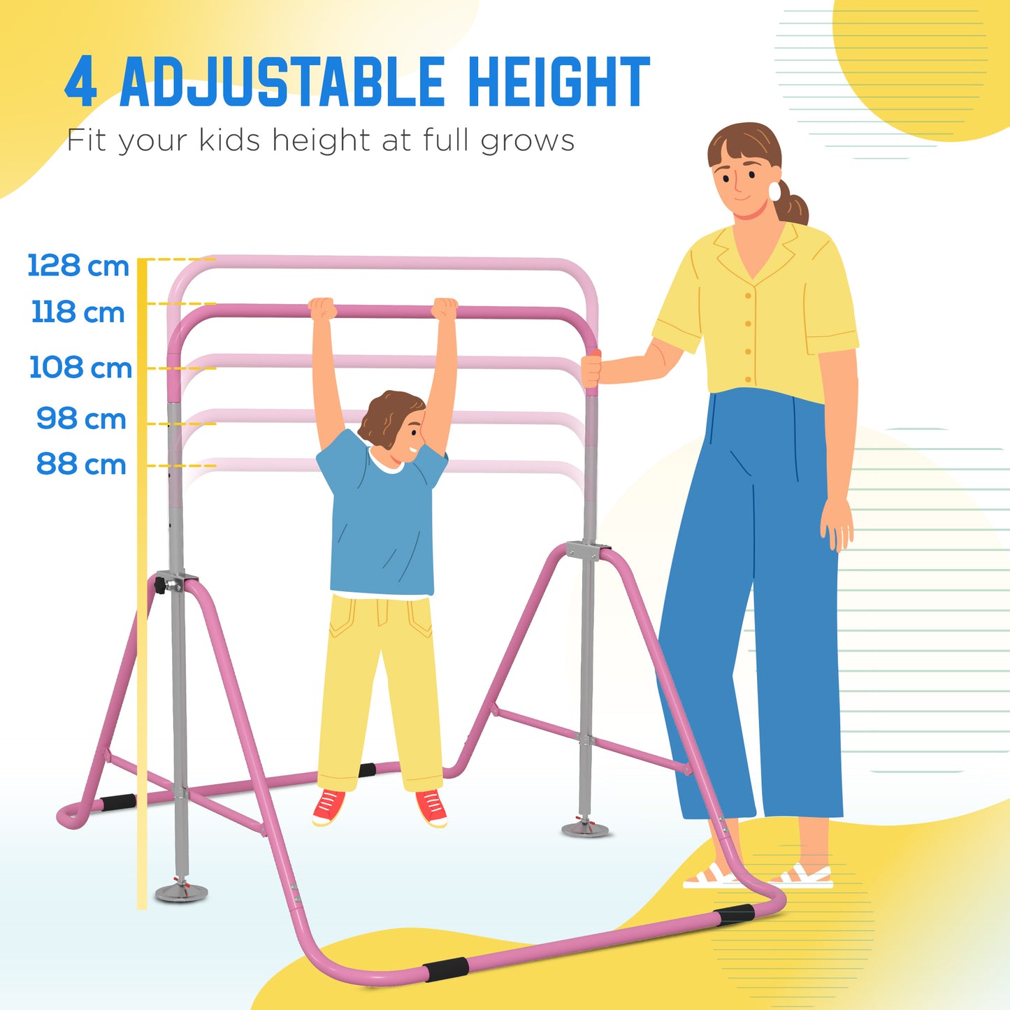 Kids Gymnastics Bar w/ Adjustable Height, Foldable Horizontal Bars, Pink