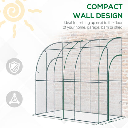 Outsunny Outdoor Walk-In Lean to Wall Tunnel Greenhouse with Zippered Roll Up Door PVC Cover Sloping Top, Clear, Green 214cm x 118cm x 212cm