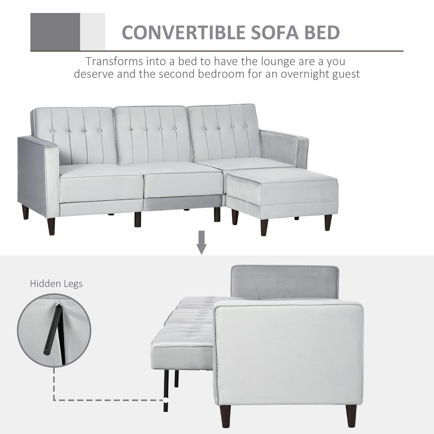 L Shape Sofa Bed Set with 3-Seater Sofa and Footstool, Corner Sofa Bed with Ottoman, Light Grey
