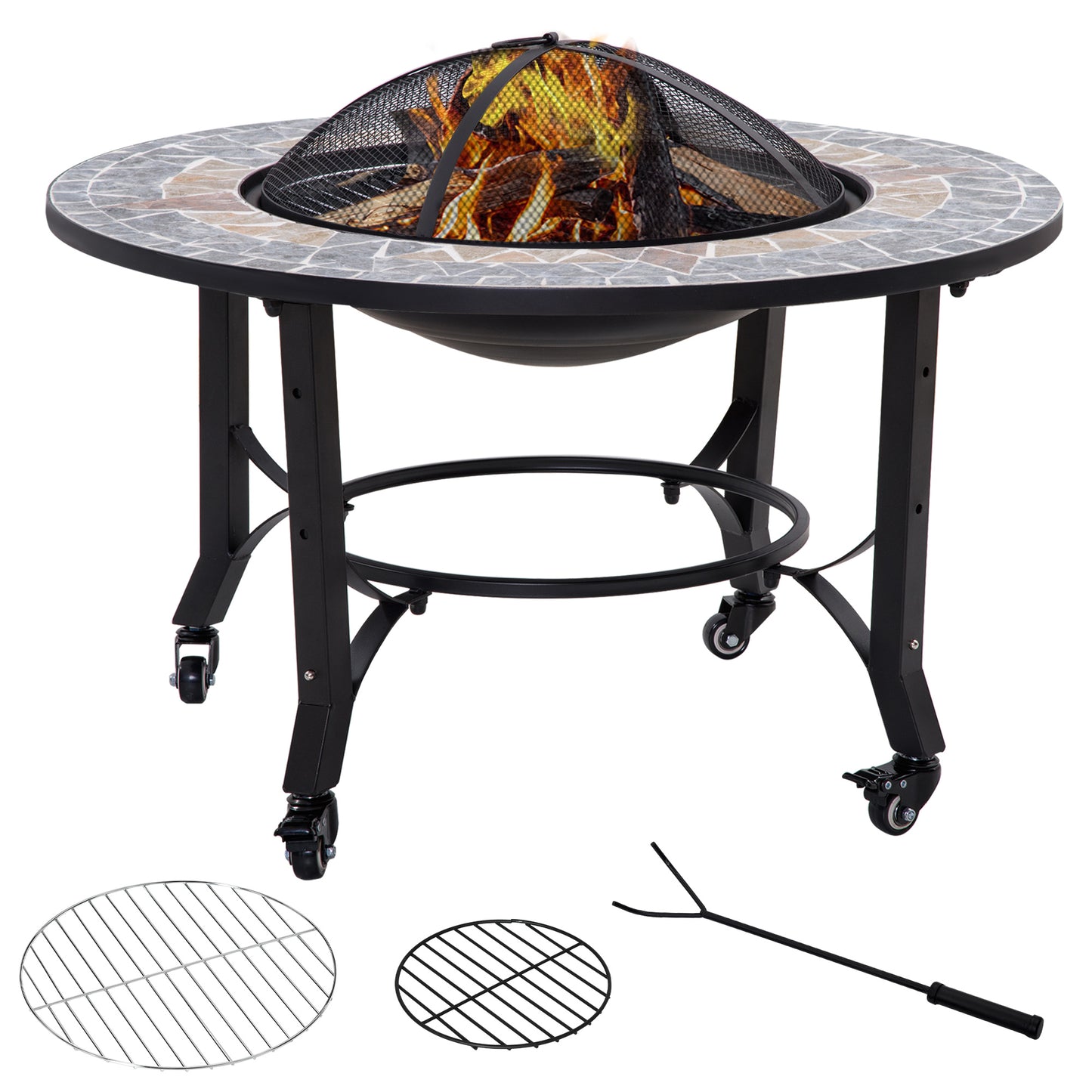Outsunny 2-in-1 Outdoor Fire Pit on Wheels, Patio Heater with Cooking BBQ Grill, Firepit Bowl with Screen Cover, Fire Poker for Backyard Bonfire