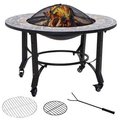 Outsunny 2-in-1 Outdoor Fire Pit on Wheels, Patio Heater with Cooking BBQ Grill, Firepit Bowl with Screen Cover, Fire Poker for Backyard Bonfire