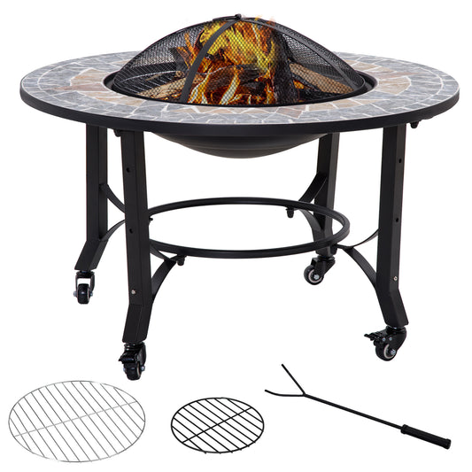 Outsunny 2-in-1 Outdoor Fire Pit on Wheels, Patio Heater with Cooking BBQ Grill, Firepit Bowl with Screen Cover, Fire Poker for Backyard Bonfire