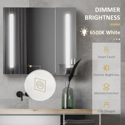 Kleankin Wall Mounted Bathroom Cabinet w/ LED Lights, Illuminated Bathroom Mirror Cabinet w/ Adjustable Shelf, Touch Switch, USB Charge, White