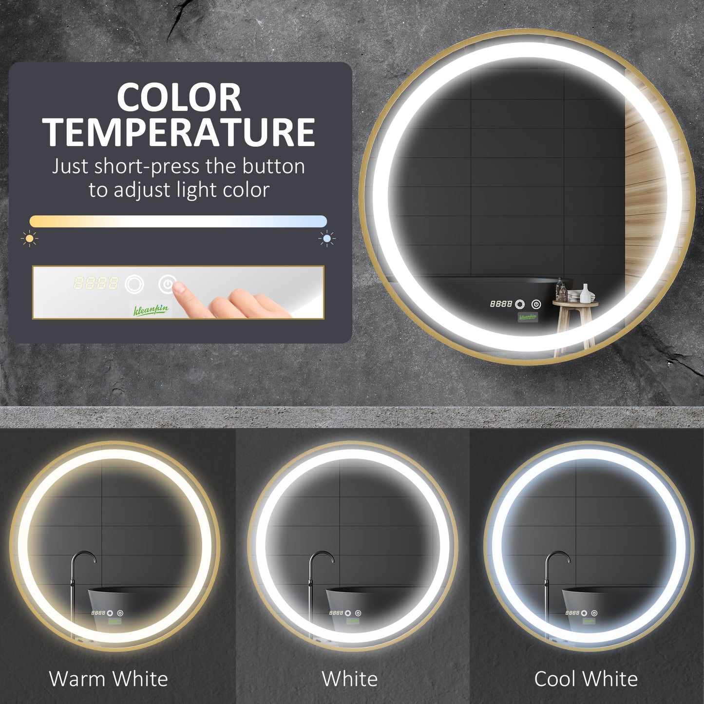 Kleankin Round Illuminated Bathroom Mirrors Dimmable LED Lighted Wall Mount Mirror w/ 3 Colours, Time Display, Memory Function, 60cm