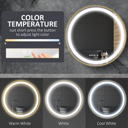 Kleankin Round Illuminated Bathroom Mirrors Dimmable LED Lighted Wall Mount Mirror w/ 3 Colours, Time Display, Memory Function, 60cm