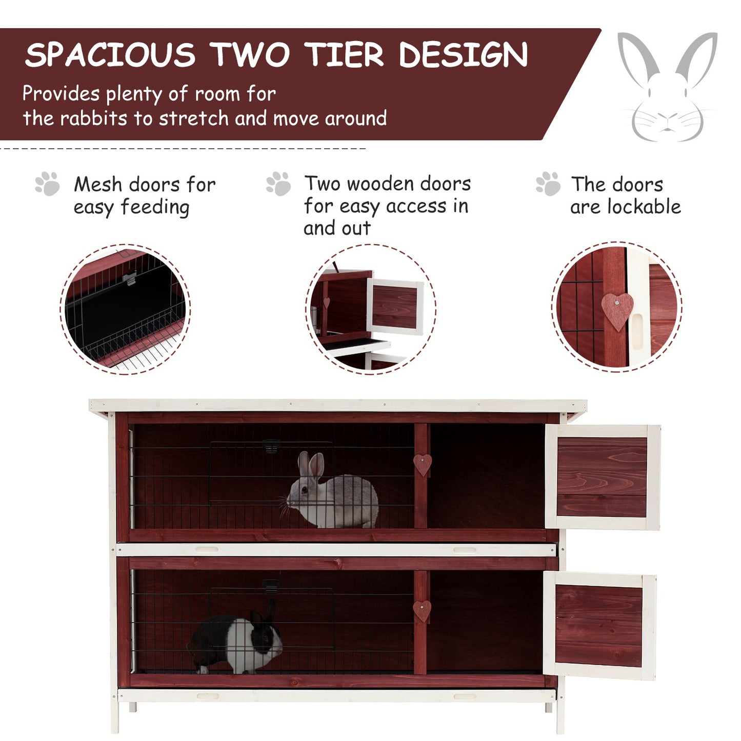 Pawhut Two Floors Wooden Rabbit Hutch Small Pet Animal Guinea Pig Ferret Bunny House Cage for Indoor and Outdoor 136.4x50x93cm