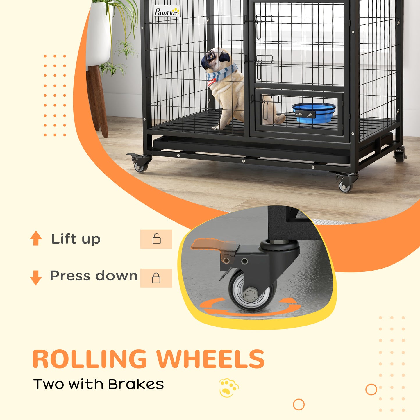 Dog Crate on Wheels | Double Doors | Bowl Holder & Foldable Bowl | Removable Tray | Detachable Top | Medium & Large Dogs up to 30kg | 92 x 62 x 73cm | Black