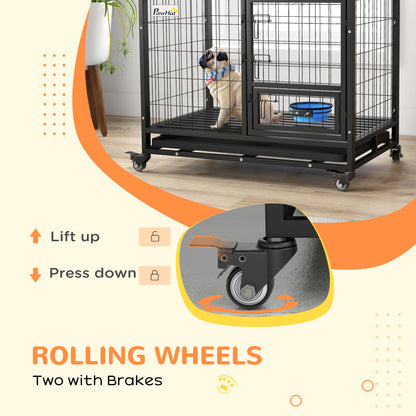 Dog Crate on Wheels | Double Doors | Bowl Holder & Foldable Bowl | Removable Tray | Detachable Top | Medium & Large Dogs up to 30kg | 92 x 62 x 73cm | Black